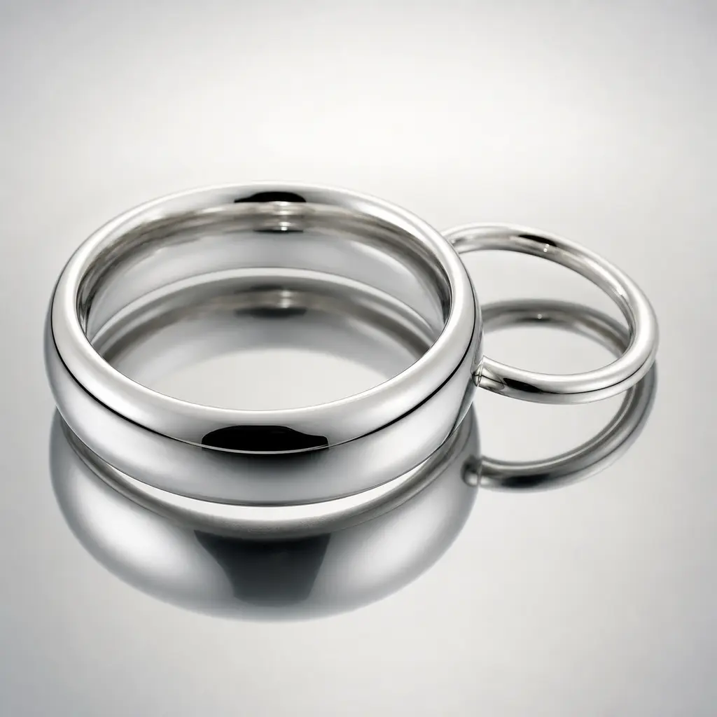 Two polished platinum wedding bands with crisp symmetrical reflections on a mirror under a single hard spot