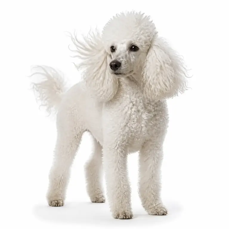 Adult white poodle with wind-lifted curly fur photographed against a pure white backlit background