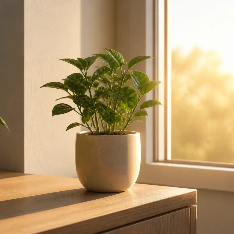 Small leafy houseplant in a pale ceramic pot on a light wood desk corner with long golden-hour sun
