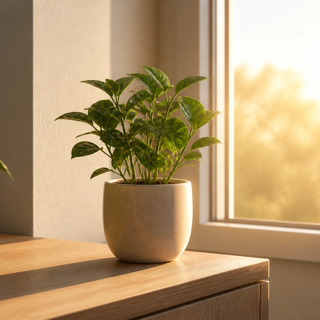 Small leafy houseplant in a pale ceramic pot on a light wood desk corner with long golden-hour sun