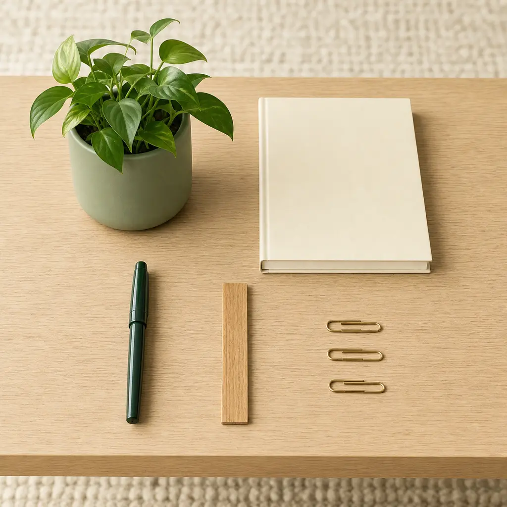Potted plant, cream notebook, green pen, wooden ruler and paper clips arranged in a grid on a low oak desk above an oatmeal rug