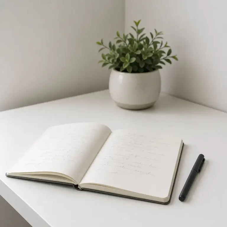 Open notebook and charcoal pen in sharp focus with a softly blurred potted plant on a matte white desk