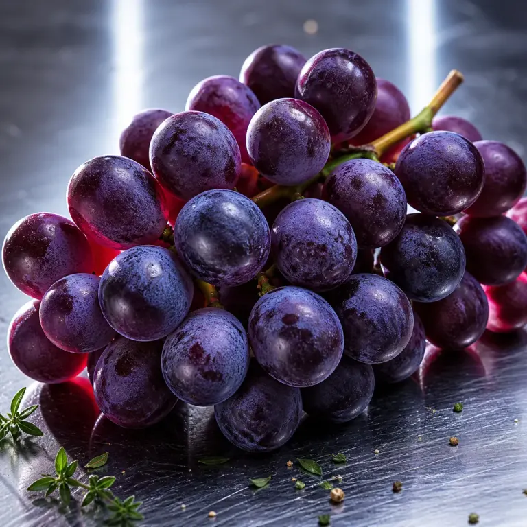 Macro close-up of backlit purple grapes with dusty bloom on a brushed stainless-steel counter