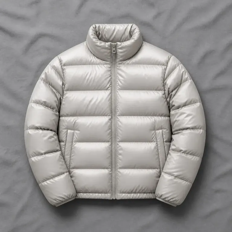 Light stone-gray quilted puffer jacket arranged symmetrically on softly wrinkled gray fabric