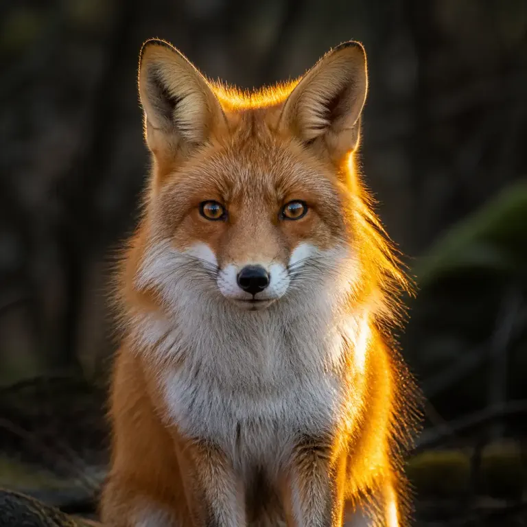 Red fox facing the camera with golden rim light against a blurred forest