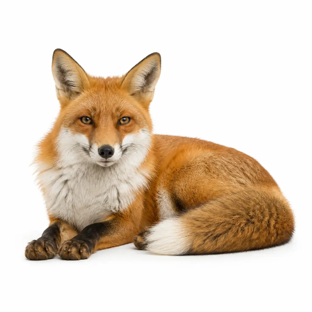 Full-body red fox resting naturally on a pure white background with accurate fur color and bright eye catchlights