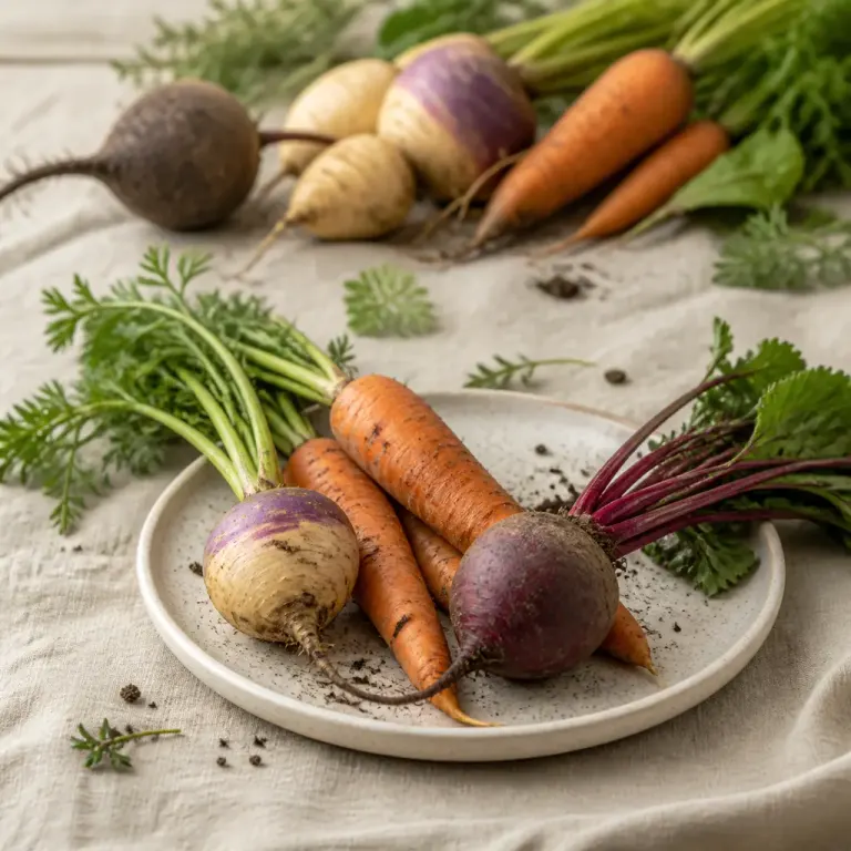 Fresh carrots turnip and beet with dry soil on a pale plate over wrinkled linen