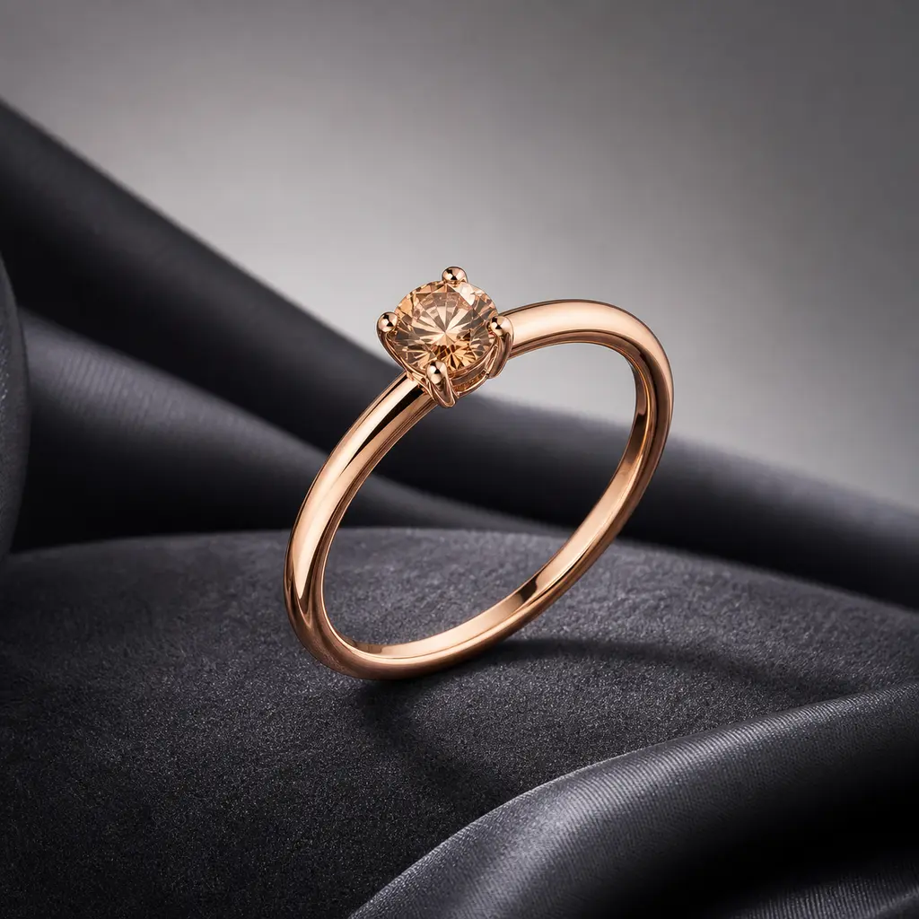 Rose gold gemstone band photographed at a 45-degree angle on charcoal silk against a gray gradient background