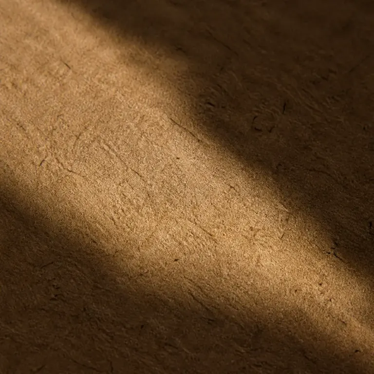 Extreme macro of warm rough kraft cardboard fibers crossed by one-sided window shadows