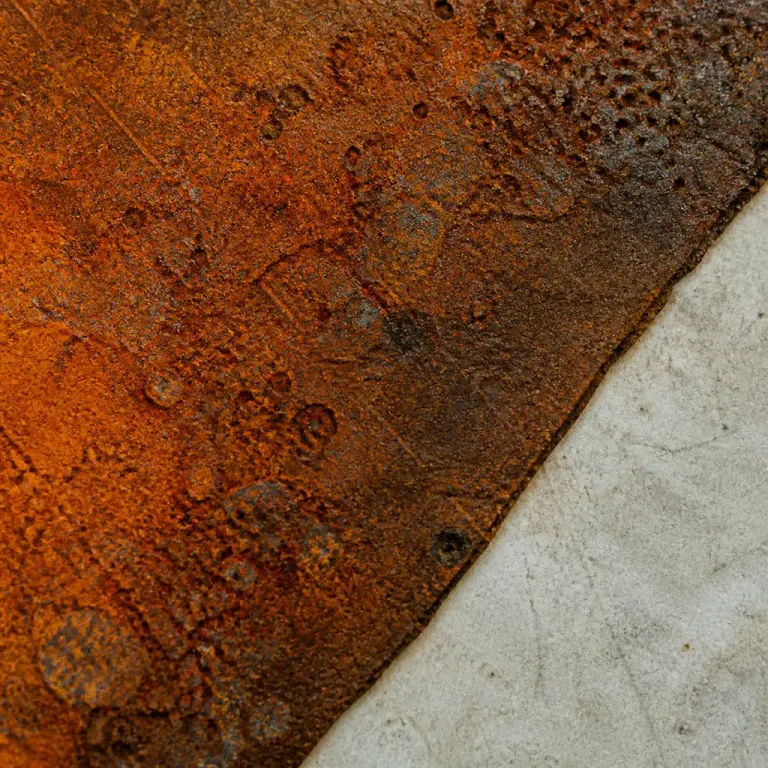 Red-orange layered rust on iron meeting pale stone at a diagonal boundary