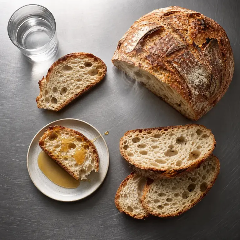 Top-down view of freshly baked rustic bread with honey on a stainless-steel counter