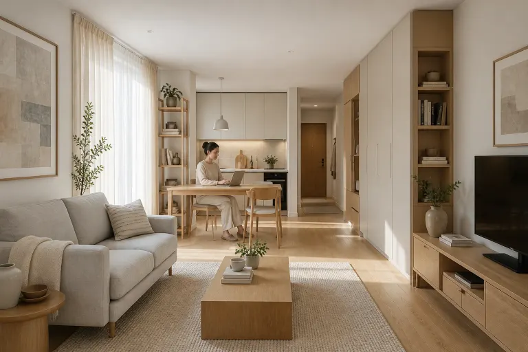 Compact Scandinavian open-plan home office with gray sofa, pale oak storage, and a woman working at a dining table in early morning light