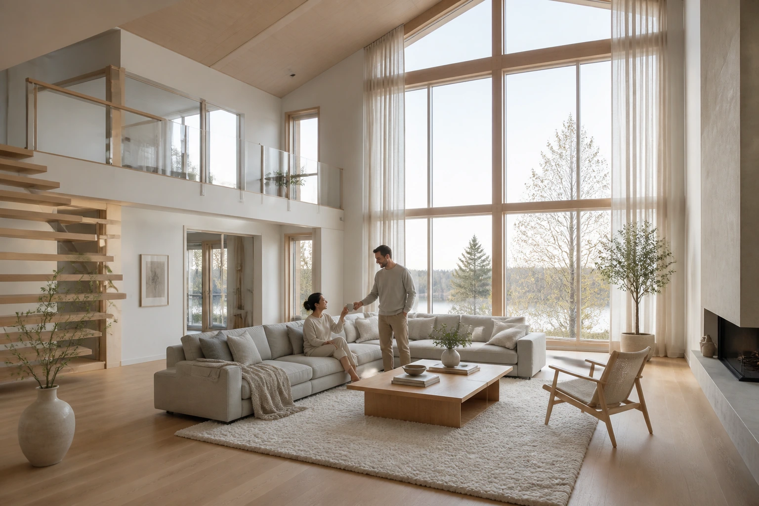 Double-height Scandinavian living room with pale oak stairs and two adults sharing tea in soft morning light