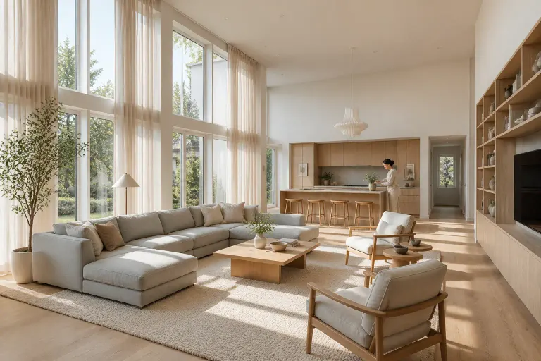 Large Scandinavian open-plan living room with pale oak kitchen, gray modular sofa, lounge chairs, and a woman watering a plant in bright midday light