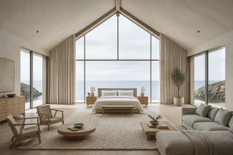 Symmetrical Scandinavian clifftop bedroom with pitched ceiling, panoramic ocean windows and a separate sitting area