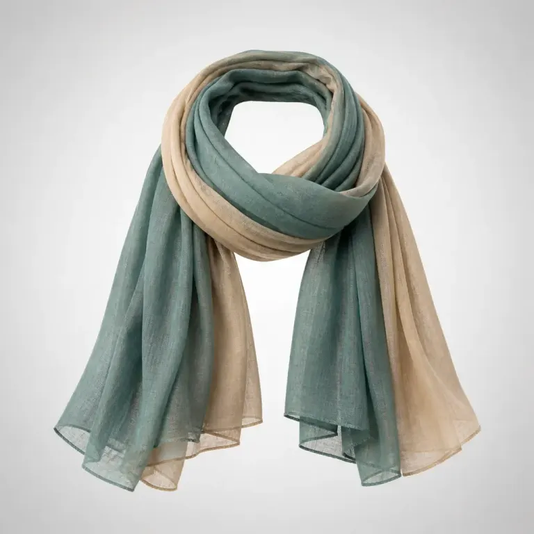 Muted teal and warm sand scarves wrapped around an invisible hollow form on a light gray gradient