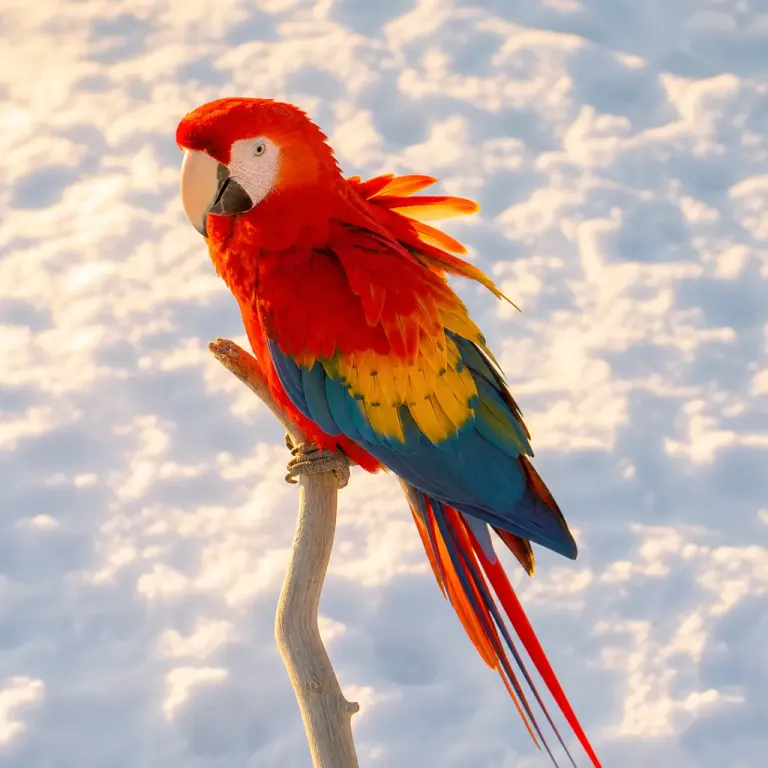 Adult scarlet macaw with wind-lifted feathers above softly blurred snow in golden-hour light