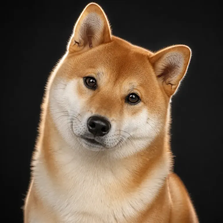 Shiba Inu tilting its head against a dark matte background with rim-lit fur