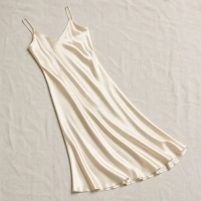 Champagne ivory silk slip dress arranged diagonally on cream linen under side softbox lighting