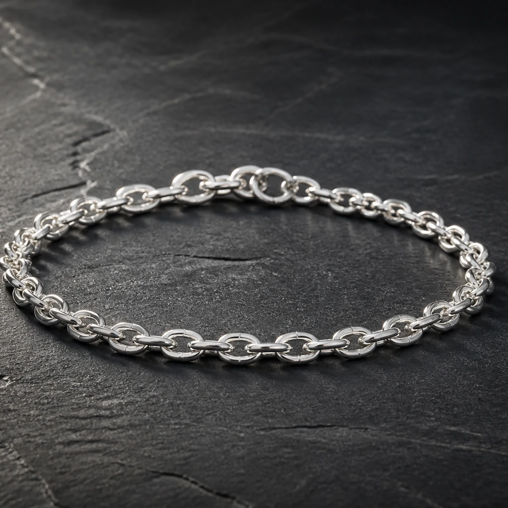 Fine silver chain bracelet coiled on dark charcoal stone with raking side light