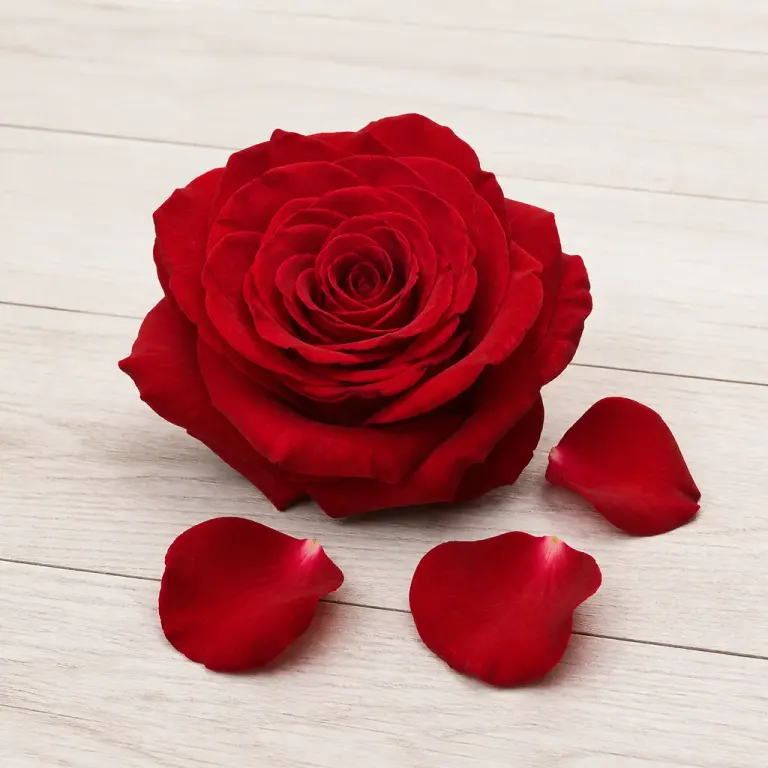 Deep red velvet rose with fallen petals on pale bleached wooden boards