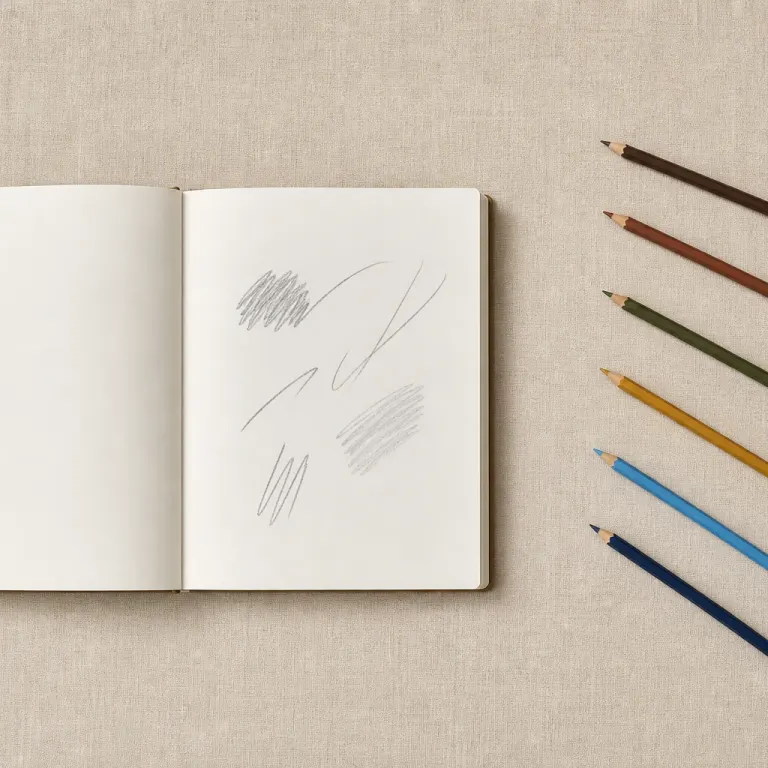 Open sketchbook with abstract graphite marks and a diagonal row of colored pencils on oatmeal linen