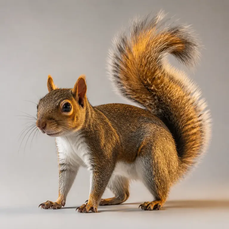 Full-body squirrel with a wind-lifted bushy tail and golden rim-lit fur on a muted gray studio background