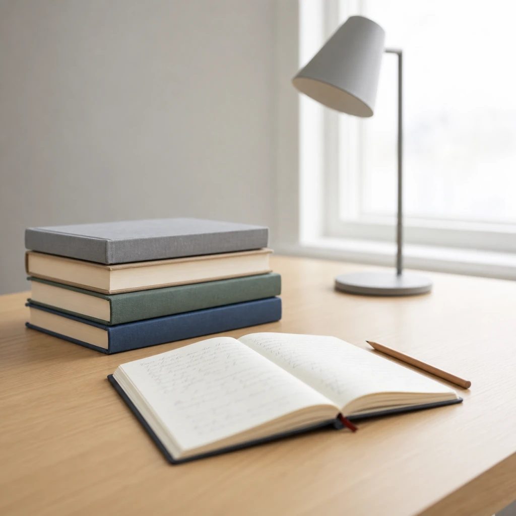 Stacked hardcover books, an open handwritten notebook, pencil, and reading lamp on a pale oak desk beside a bright overcast window