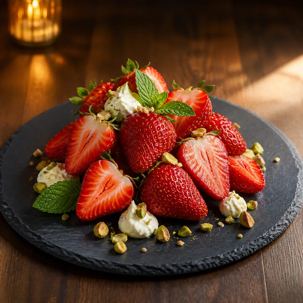 Layered fresh strawberries with mascarpone and pistachio on a black slate plate
