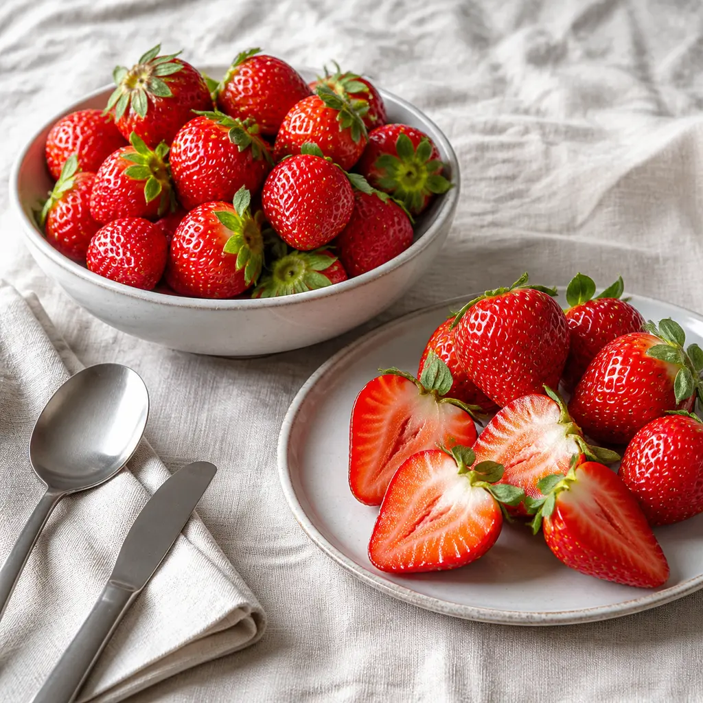Fresh whole and halved strawberries on wrinkled linen with plain cutlery in cool morning light