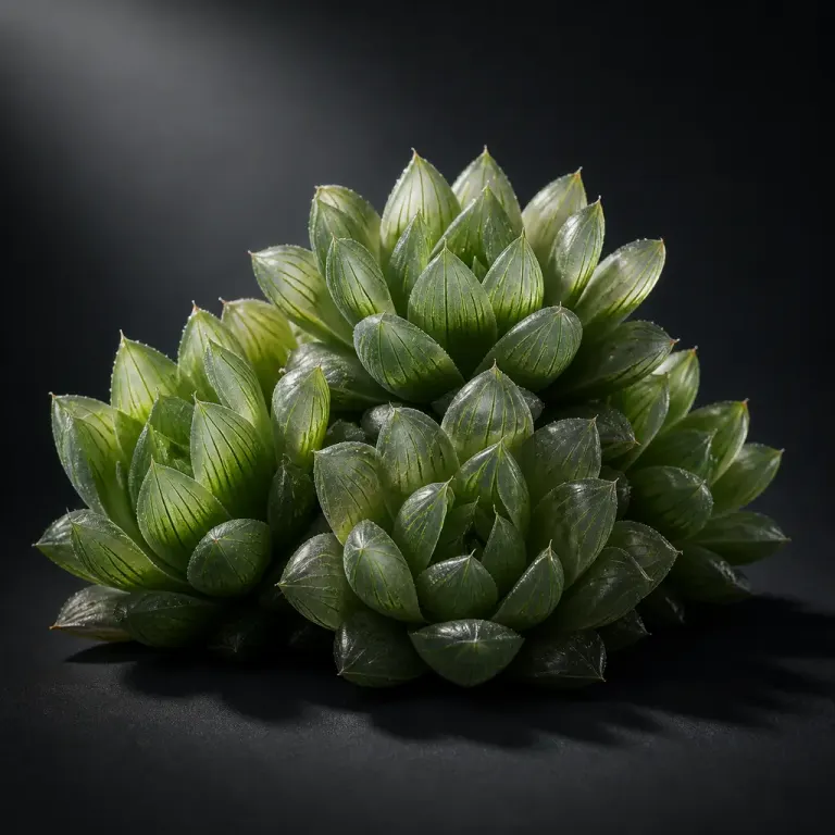 Wide succulent rosette cluster with translucent leaf tips, hard spotlight and rim light on charcoal