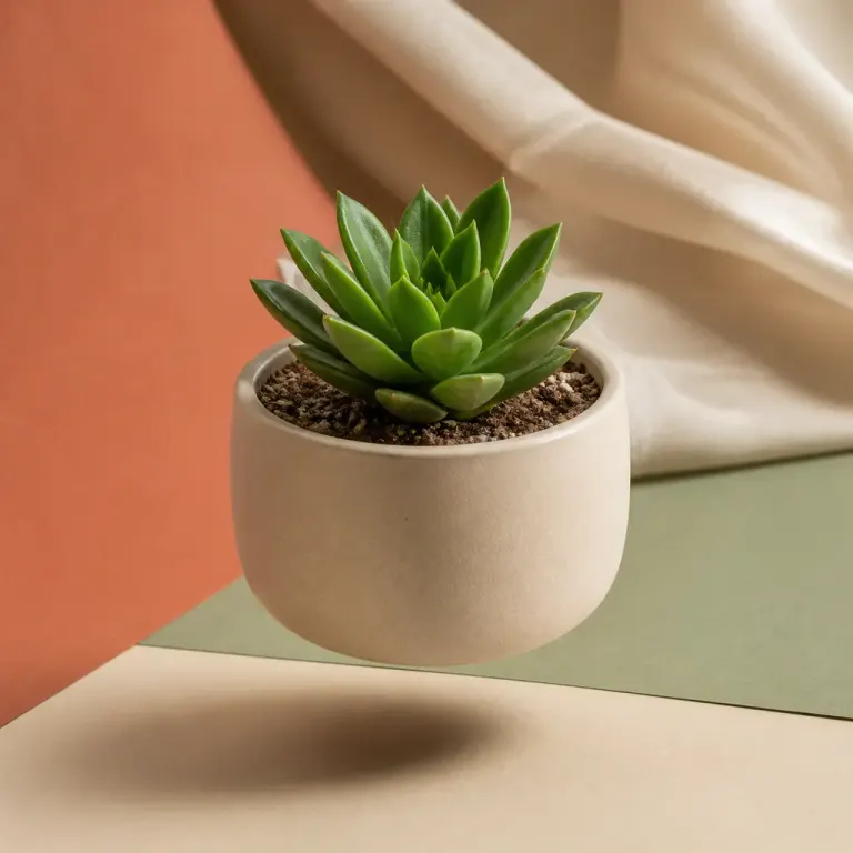 Small succulent in a floating matte ceramic planter above muted terracotta sage and cream paper