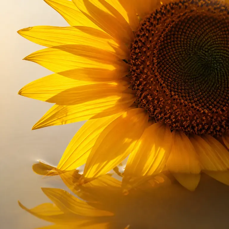 Extreme macro of a backlit sunflower floating on shallow water with luminous petals and a visible seed spiral
