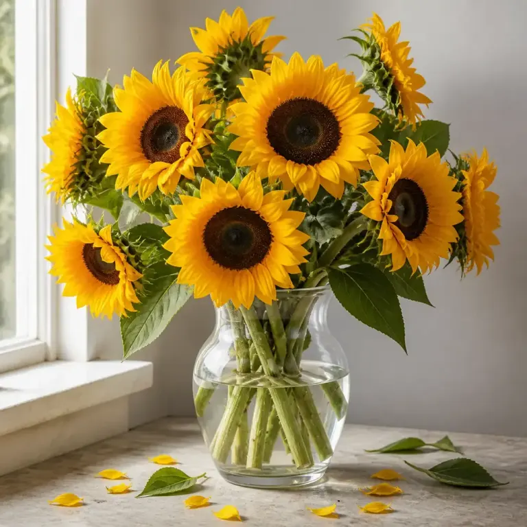 Wide view of a sunflower bouquet in a clear glass vase beside a softly lit window with fallen petals and leaves
