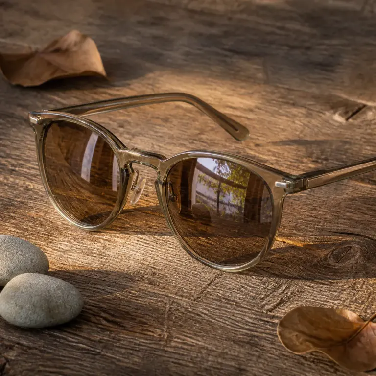 Translucent sunglasses reflecting a window on a scratched weathered wooden table