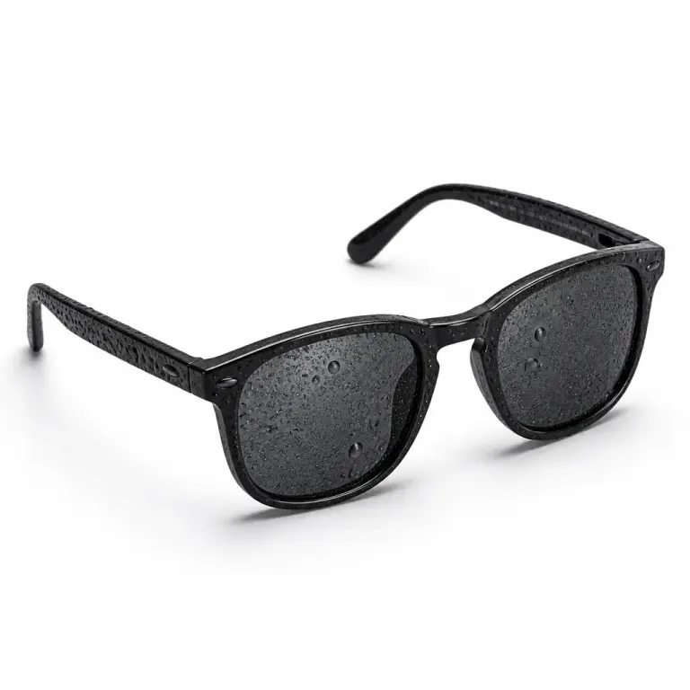 Black translucent sunglasses covered in fine condensation droplets on a pure white backlit background