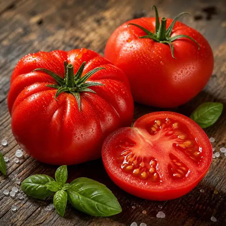 Macro close-up of ripe red tomatoes with green calyxes, basil, and coarse salt on a scratched weathered wood table