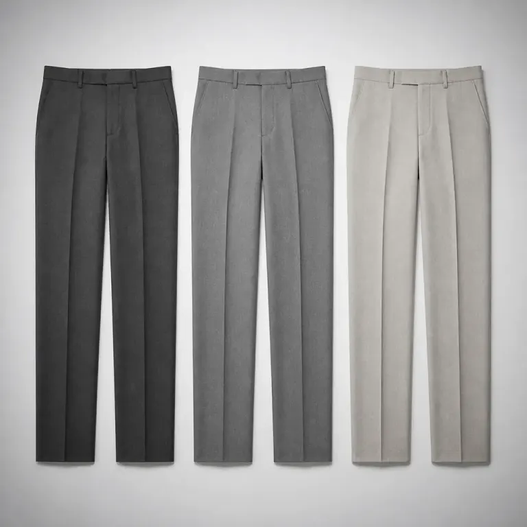Three pairs of gray tailored slacks aligned in a top-down flat lay with straight pressed creases