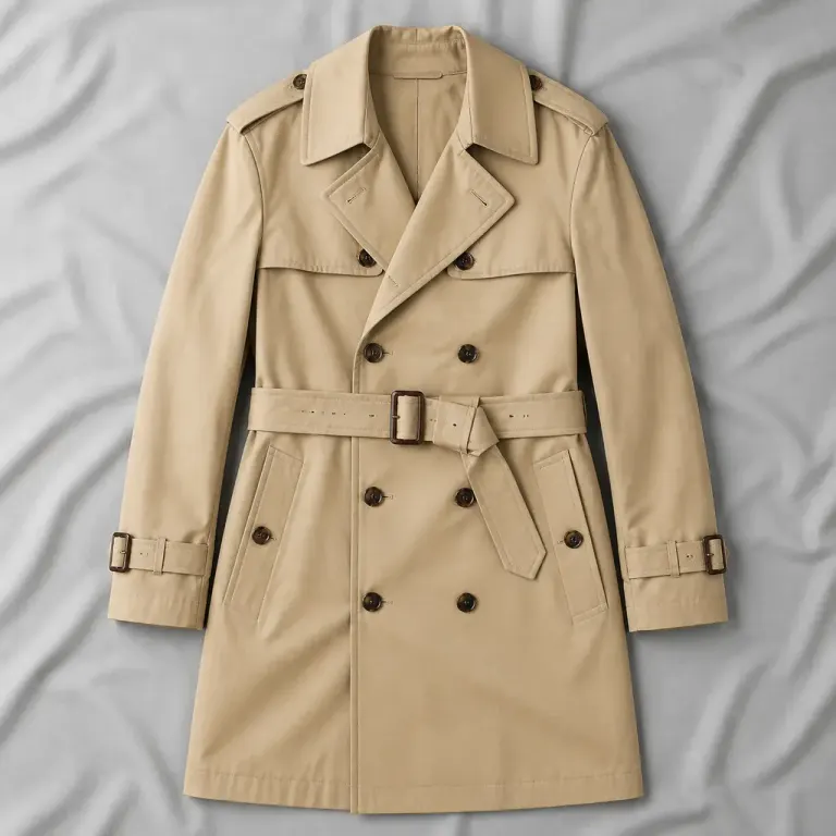 Sand-beige trench coat flat lay showing layered lapels and belt on softly wrinkled gray fabric