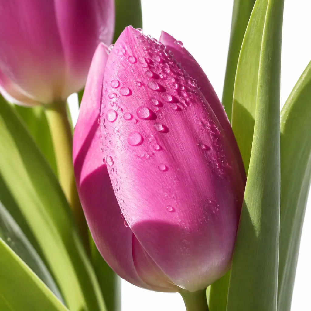 Extreme close-up of water droplets and a crisp shadow on a pink tulip petal