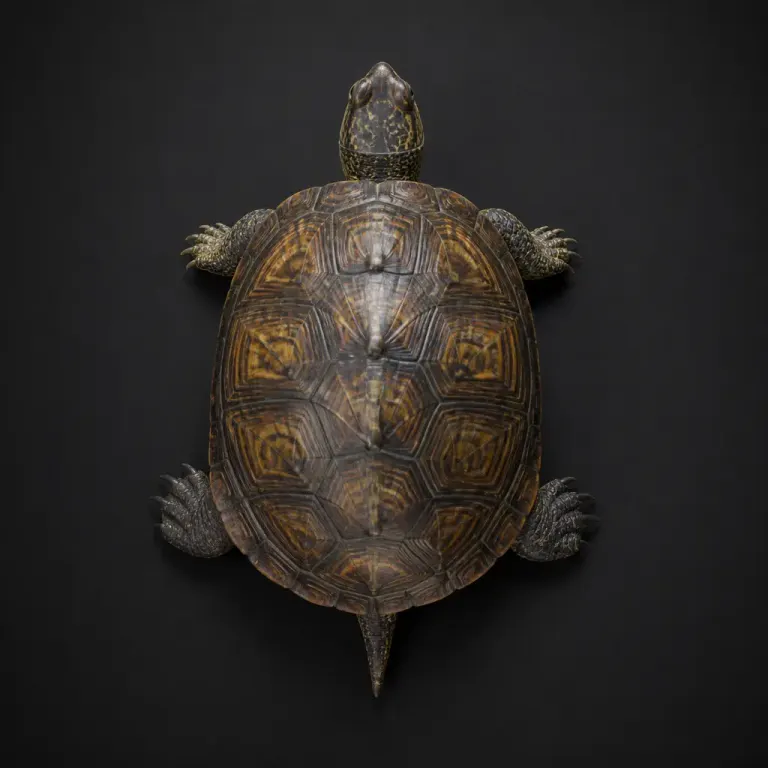 Top-down turtle portrait showing geometric shell patterns on a dark matte background