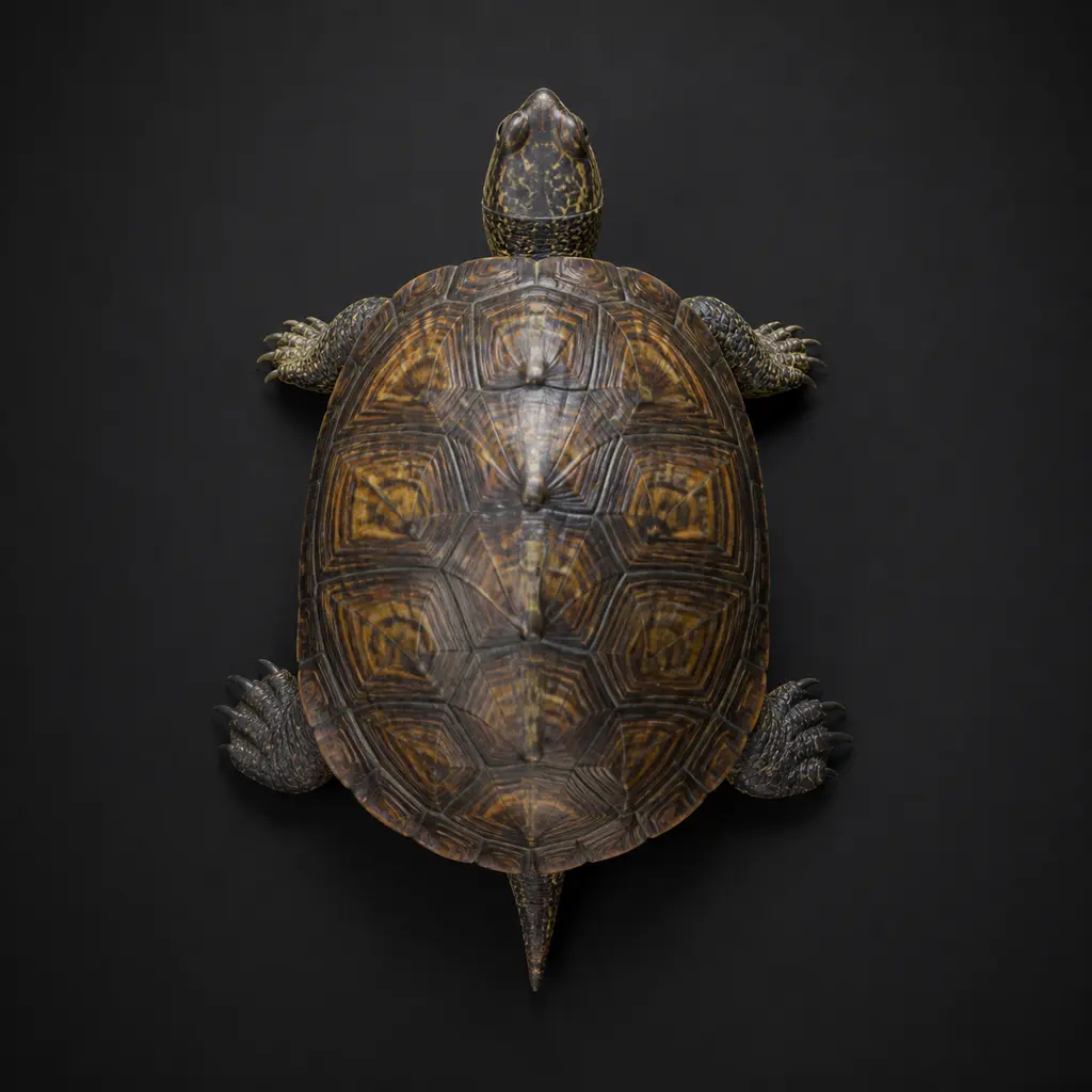 Top-down turtle portrait showing geometric shell patterns on a dark matte background