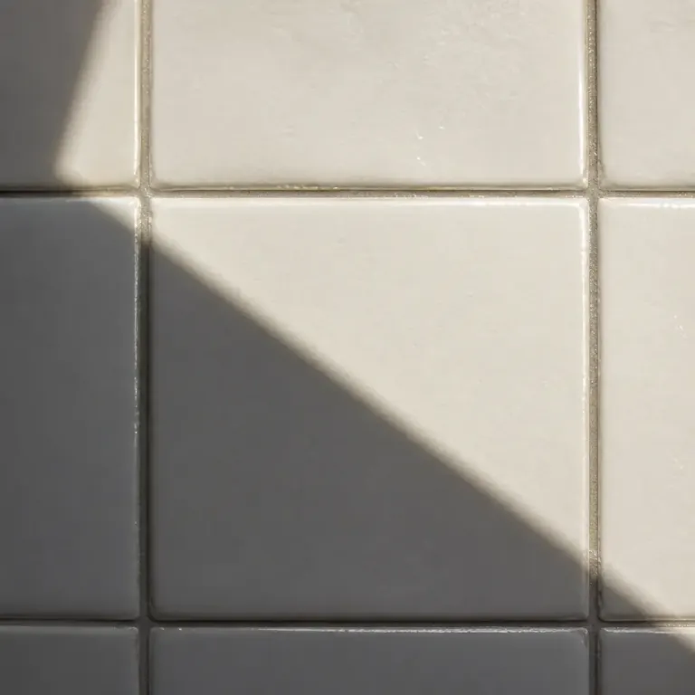 Warm white glazed ceramic tiles with fine surface texture and a sharp diagonal sunlight shadow