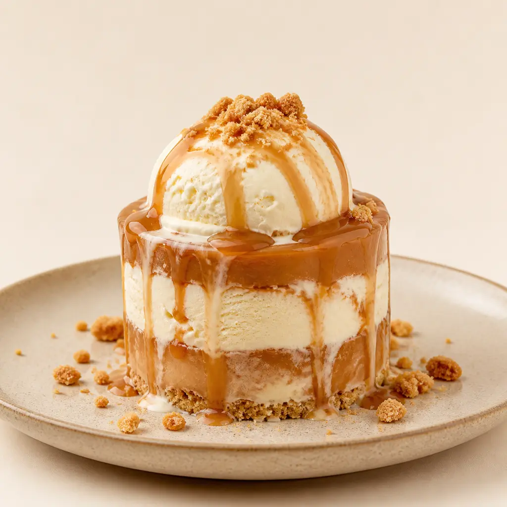Layered vanilla and caramel ice cream beginning to melt on a beige ceramic plate