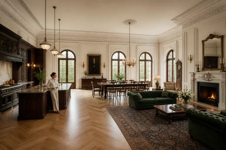 Grand vintage classic kitchen and dining hall with mahogany cabinetry, green velvet seating, and a woman standing small beside the island