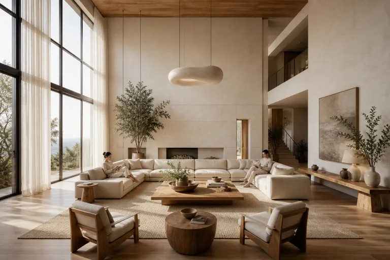Vast warm modern living room with double-height windows and two adults reading at opposite ends of a beige sectional