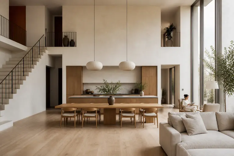 Double-height warm modern kitchen and dining room with oak furniture and a woman reading in a distant armchair
