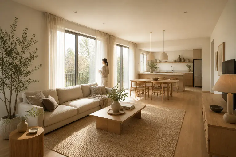 Warm modern open-plan living room with beige sofa, pale oak furniture, and a woman standing near the morning window