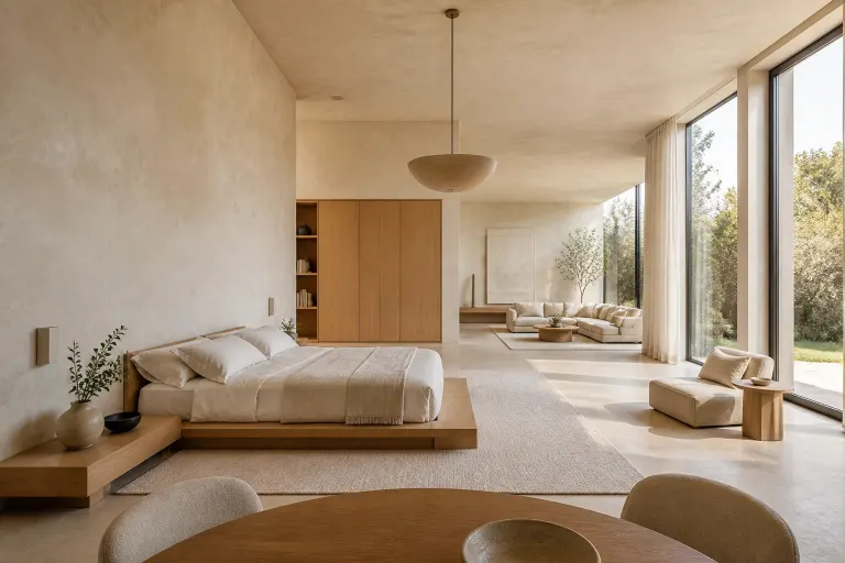 Vast warm modern bedroom suite with a platform bed, cream lime plaster, oak cabinetry and two sitting zones in bright noon light