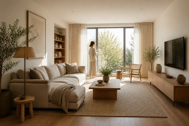 Warm modern apartment living room with beige sofa, oak furniture, and a woman standing by the window in bright midday light